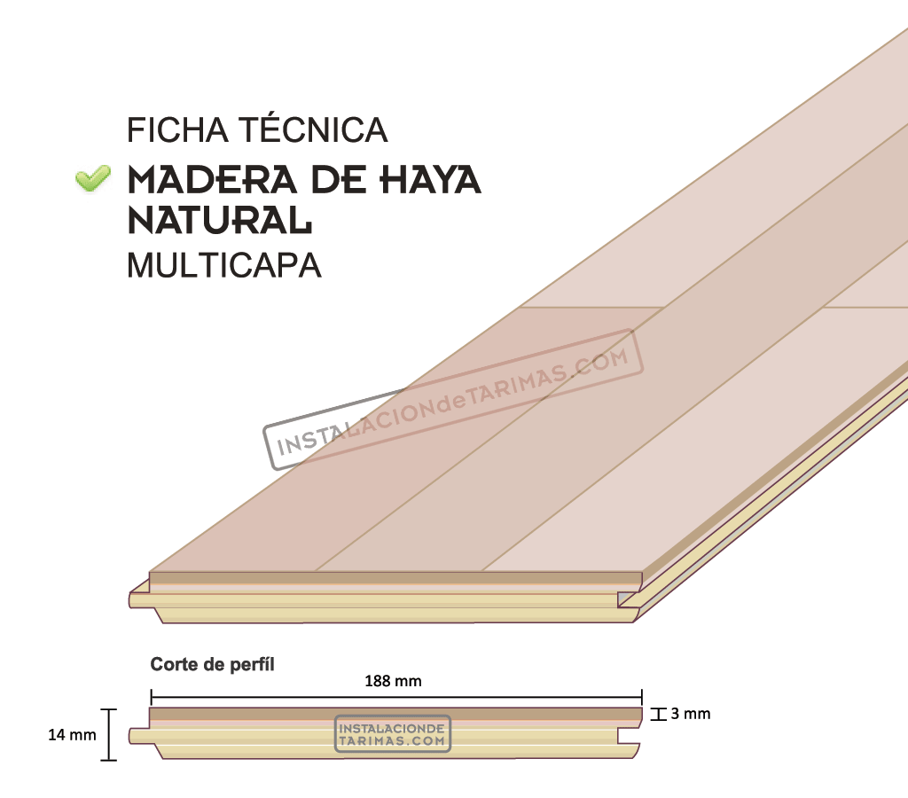 Vista gráfica en perspectiva y corte de perfil de una tarima multicapa de haya con tres lamas